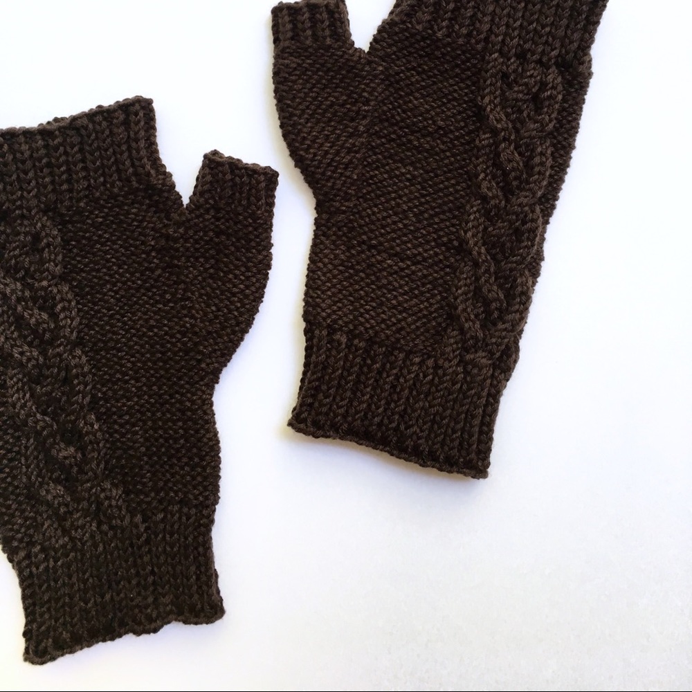 Knit Fingerless Gloves Mittens Women’s Handmade Brown Hand Warmers Cozy Hygge